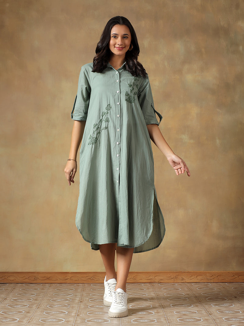 Green Cotton Chikankari Straight Fit Shirt Maxi Dress