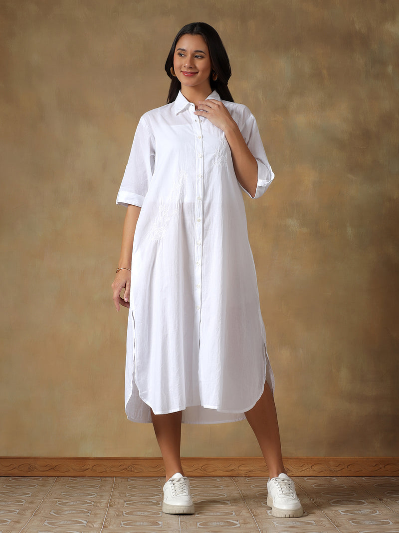 White Cotton Chikankari Straight Fit Shirt Maxi Dress