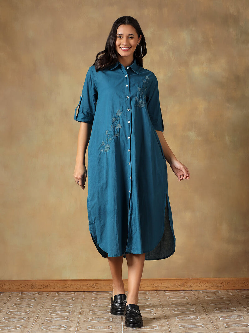 Teal Cotton Chikankari Straight Fit Shirt Maxi Dress