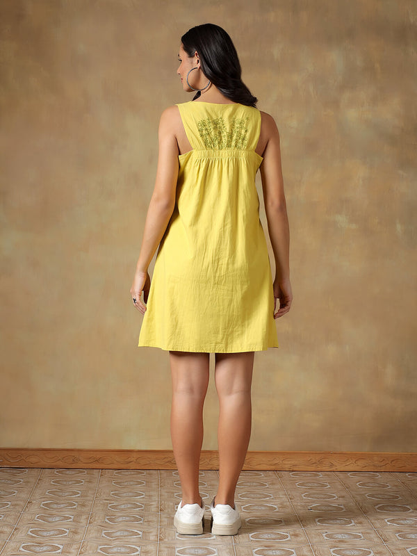 Yellow Cotton Handcrafted Chikankari Racerback Dress