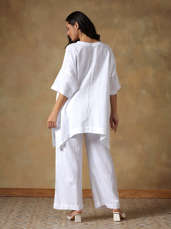 White Handcrafted Freesize Kaftan Top with Pant