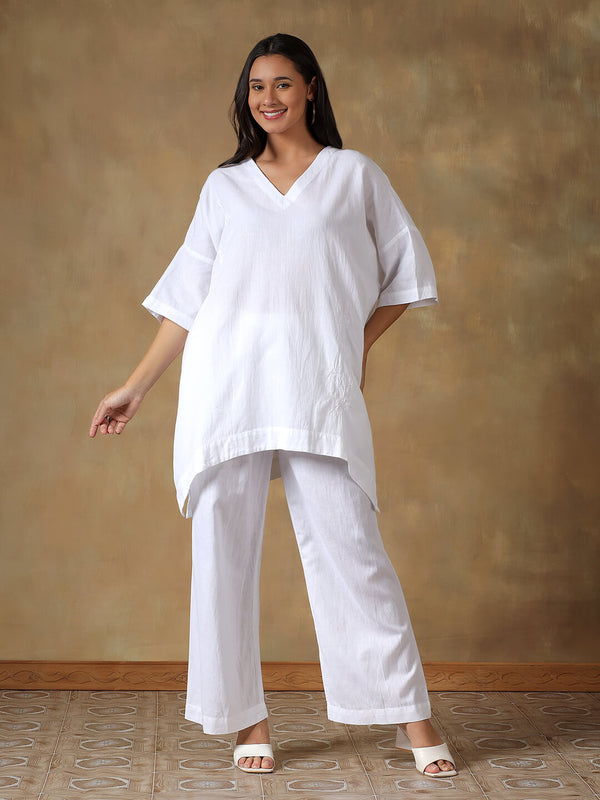White Handcrafted Freesize Kaftan Top with Pant