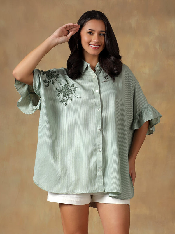 Green Freesize Lucknowi Chikankari Oversize Shirt