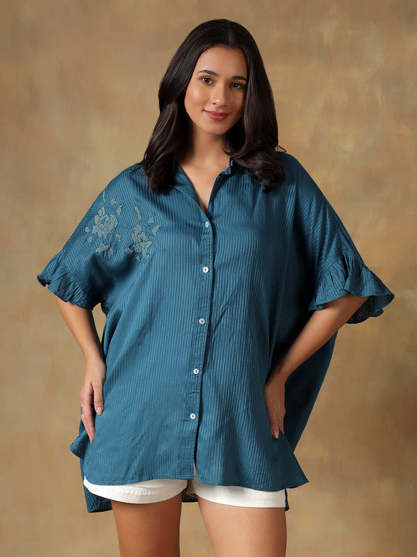 Teal Freesize Lucknowi Chikankari Oversize Shirt