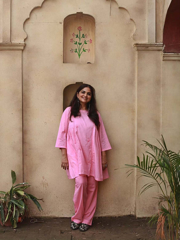 Indira Krishna in Pink Cotton Chikankari Lucknowi Co-ord Set