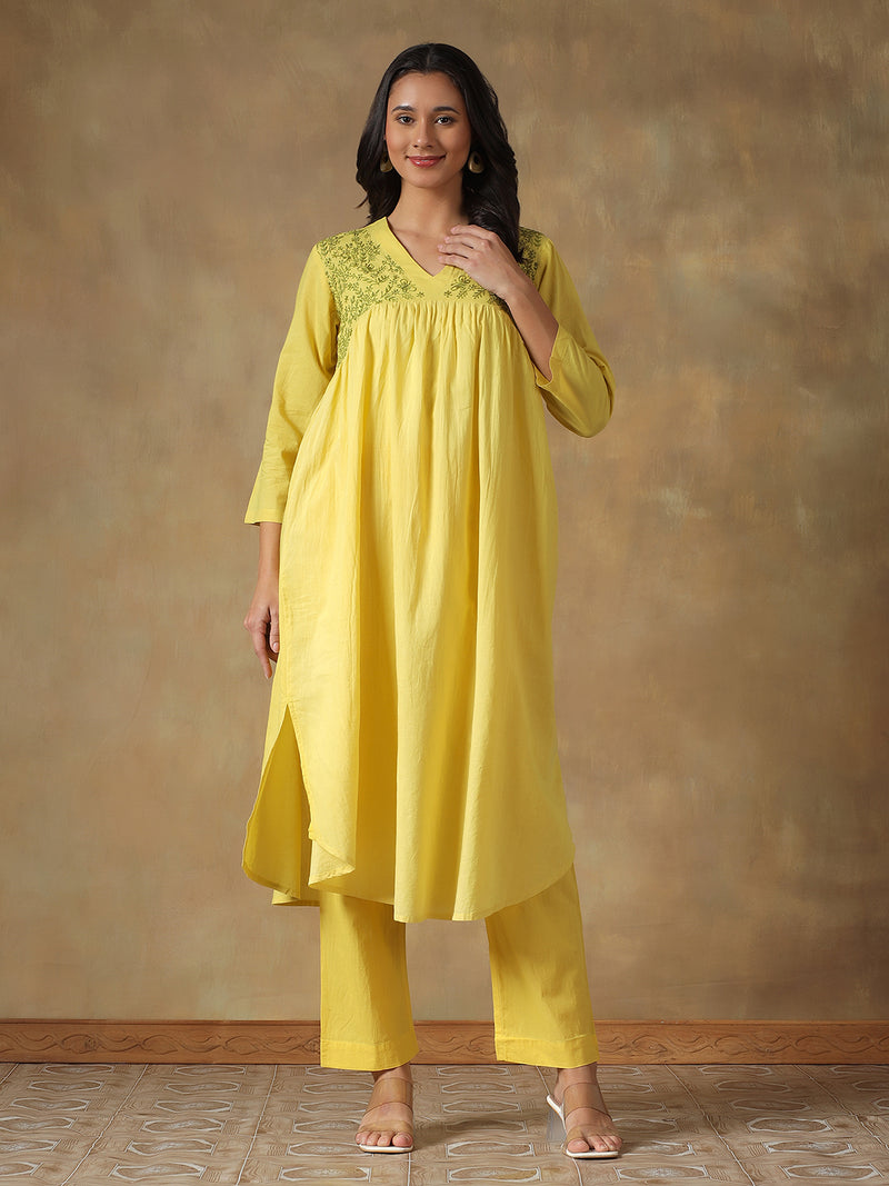 Yellow Cotton Chikankari Lucknowi Kurta-Pant Set